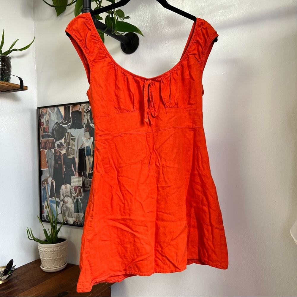 Linen Blend Orange Red Cottagecore Capped Sleeve Mini A Line Dress Small